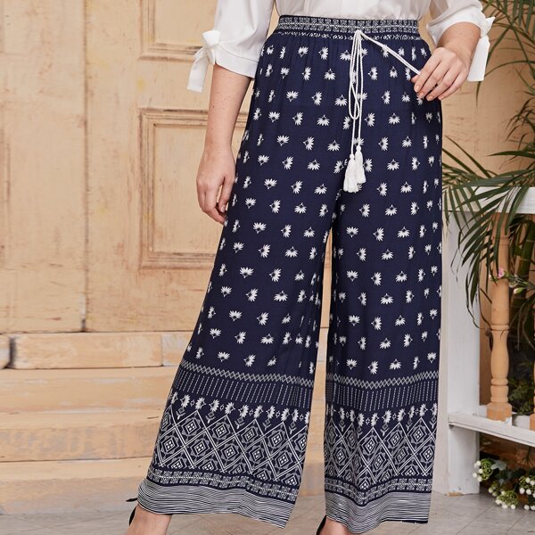 

Plus Tassel Tie Front Wide Leg Tribal Pants, Navy blue