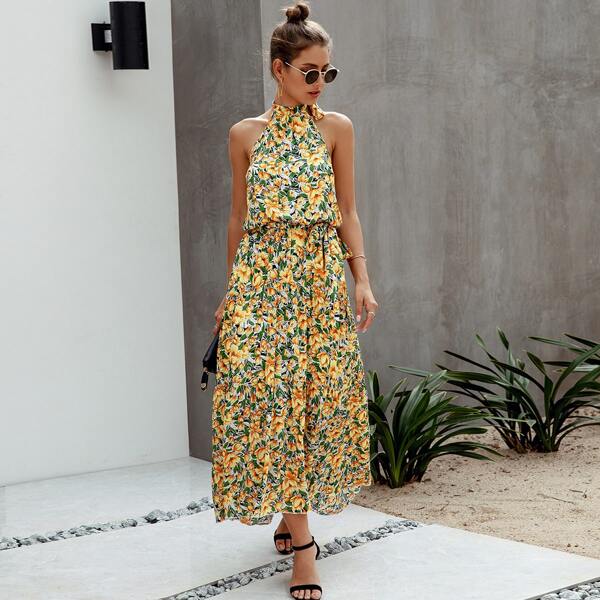 

Floral Print Tie Back Backless Belted A-line Dress, Multicolor