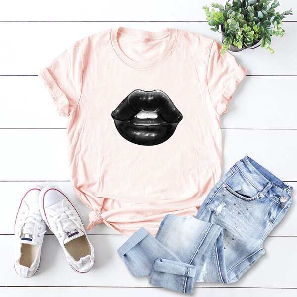 

Mouth Print Round Neck Tee, Baby pink