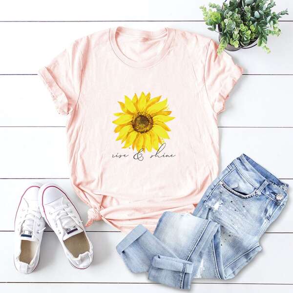

Sunflower & Letter Graphic Tee, Pink