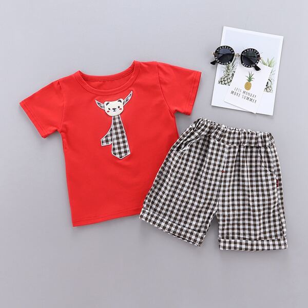 

Toddler Boys Cartoon Patched Tee With Gingham Shorts, Multicolor