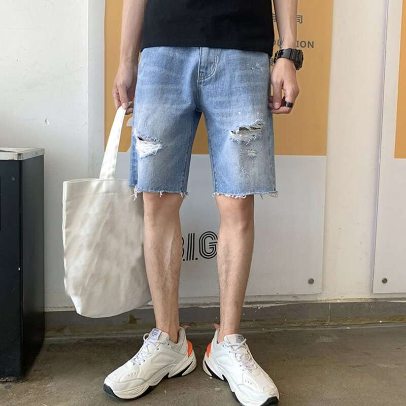 

Guys Ripped Raw Hem Denim Shorts, Light wash