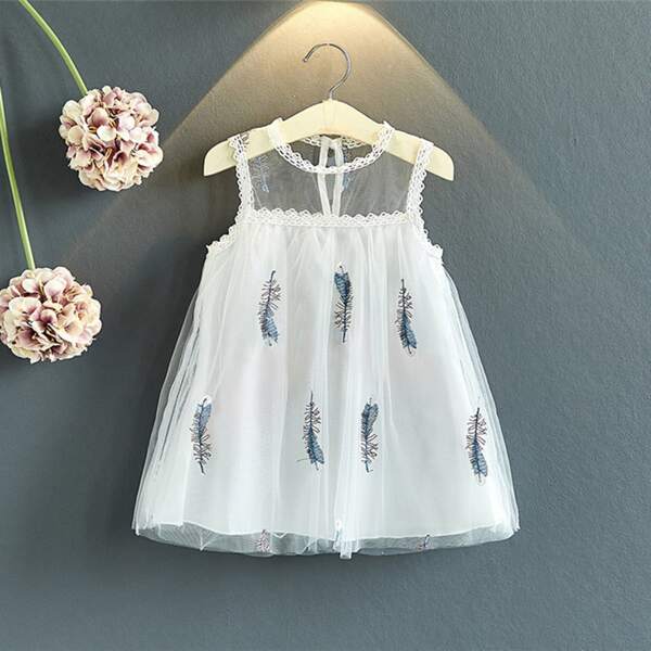 

Toddler Girls Feather Embroidered Mesh Dress, White