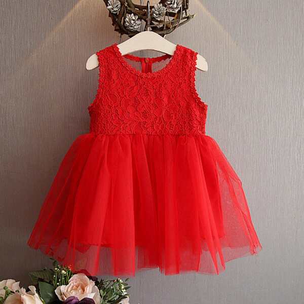 

Кружевное платье с сетчатым низом и бантом для девочек, Красный яркий