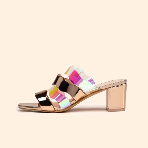 

Holographic Strap Chunky Heeled Sandals, Gold