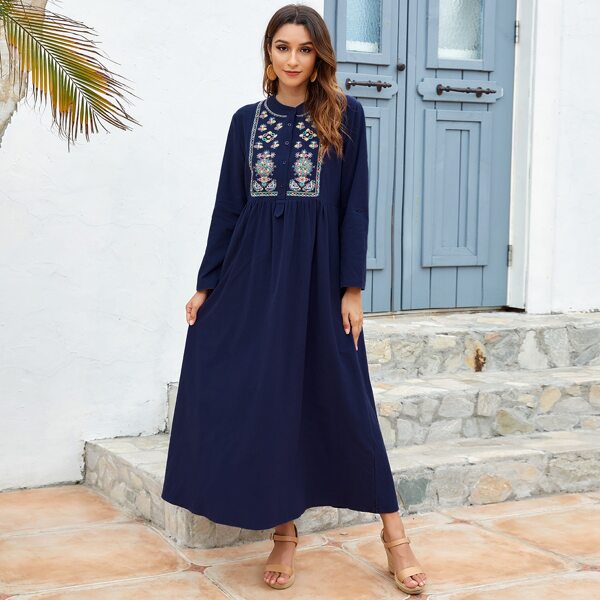 

Floral Embroidered Button Front Babydoll Dress, Navy blue