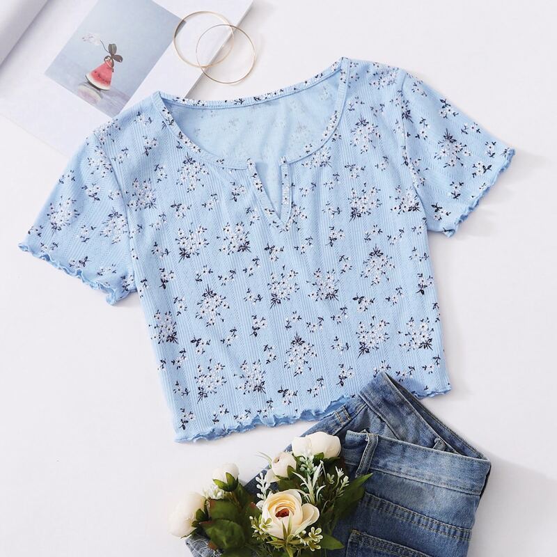 

Floral Notch Neck Crop Tee, Blue