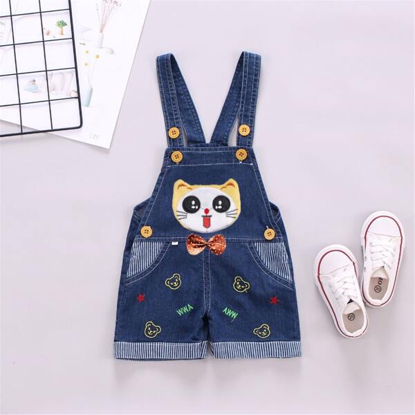 

Baby Boy Cartoon Embroidery Bow Denim Overall, Dark wash