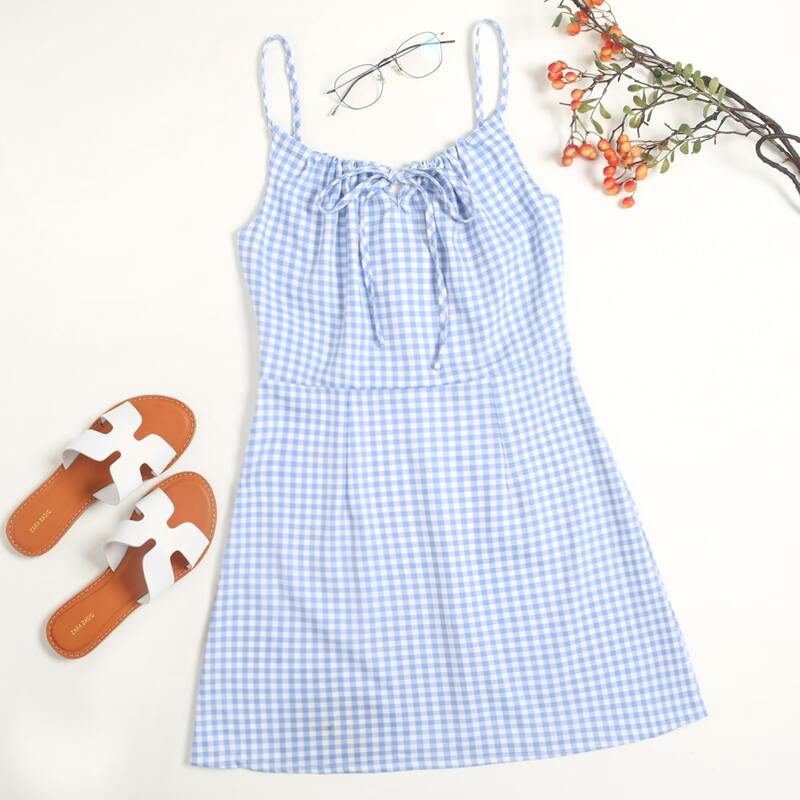 

Gingham Tie Front Mini Cami Dress, Blue and white