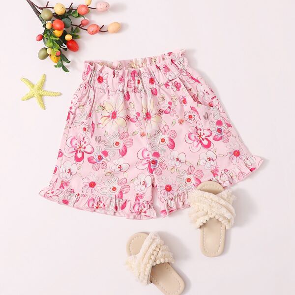 

Toddler Girls Floral Paperbag Waist Ruffle Hem Shorts, Multicolor
