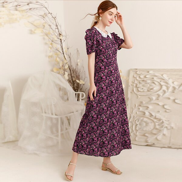 

Floral Print Contrast Peter Pan Collar Dress, Multicolor