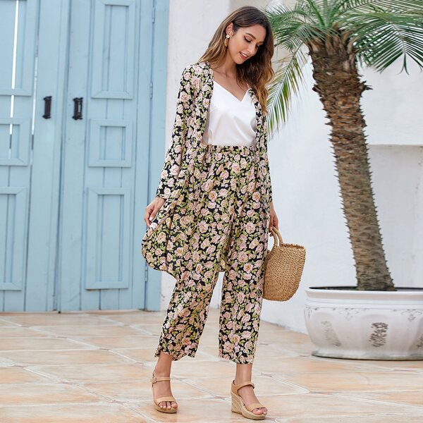 

Allover Floral Print Kimono & Pants, Multicolor