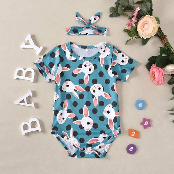 

Baby Girl Cartoon Rabbit Print Bodysuit With Headband, Multicolor