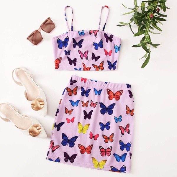 

Butterfly Print Cami Top and Skirt Set, Lilac purple