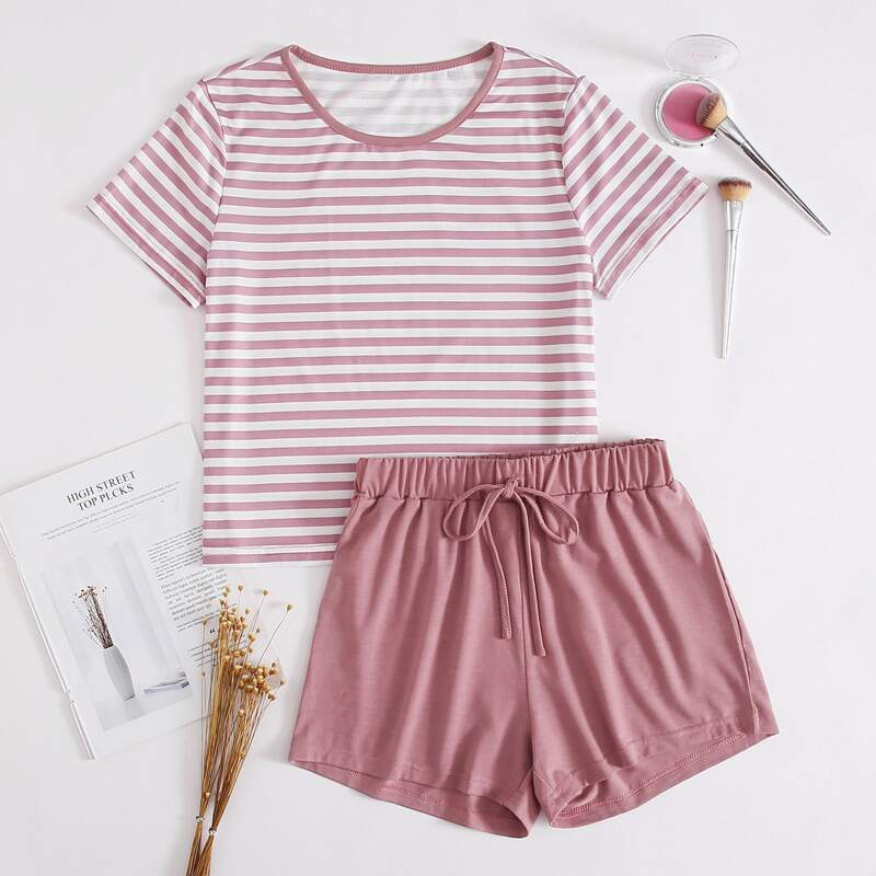

Striped Shorts PJ Set, Dusty pink
