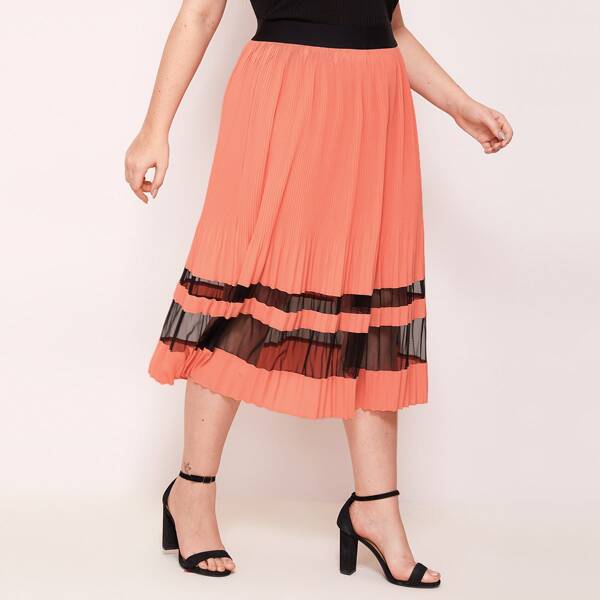 

Plus Mesh Insert Pleated Skirt Without Belt, Coral orange