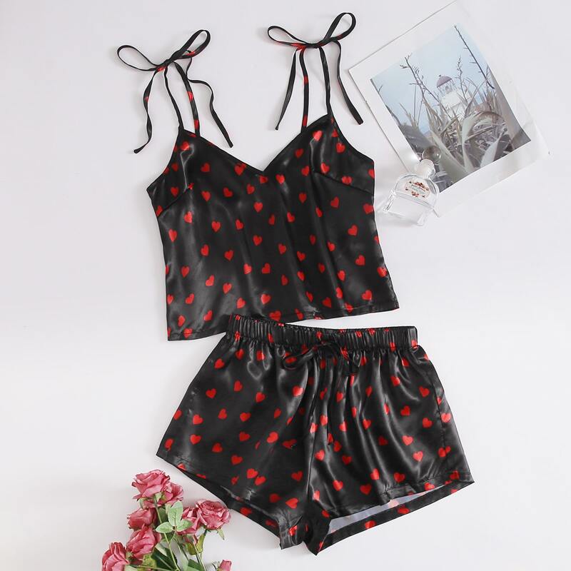 

Heart Satin Cami PJ Set, Black