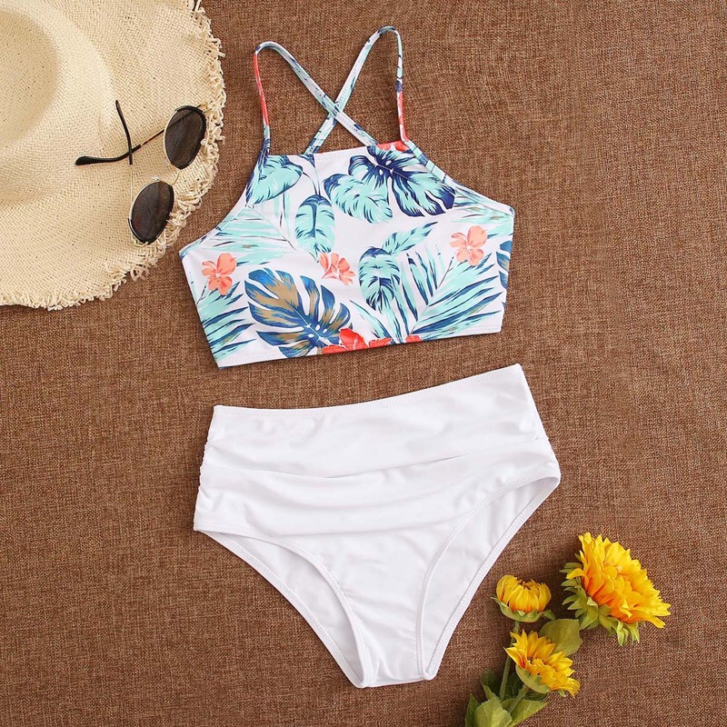 

Tropical Halter High Waisted Bikini Swimsuit, Multicolor