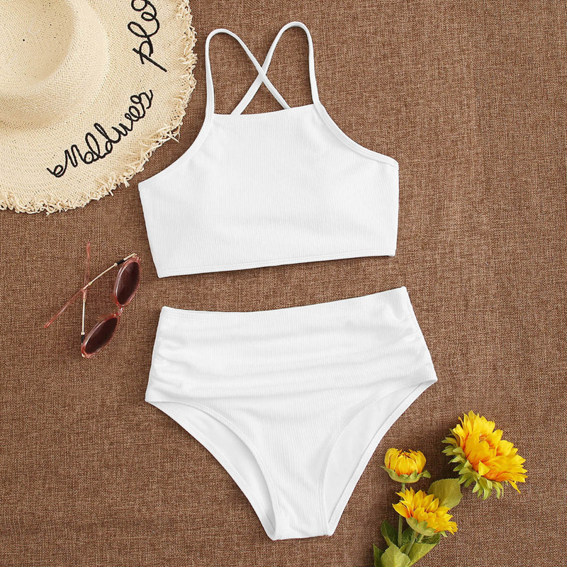 

White Ruched High Waisted Bikini Swimsuit