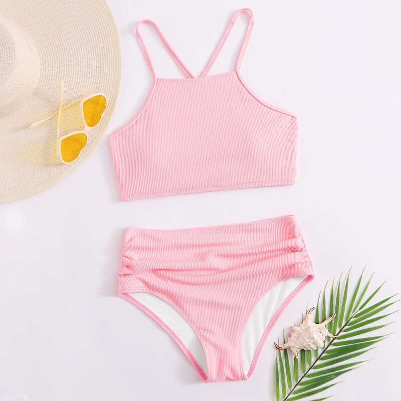 

Pink Ruched High Waisted Bikini Swimsuit, Baby pink