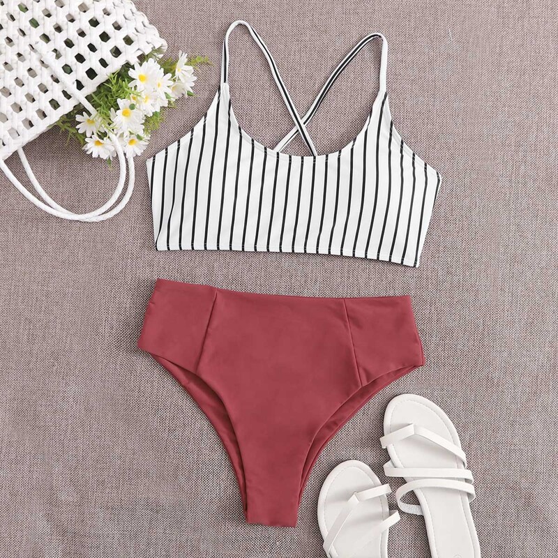 

Stripe Bralette Bikini Swimsuit, Multicolor