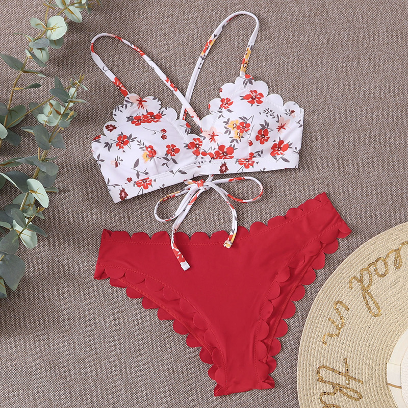 

Floral Scallop Halter Bikini Swimsuit, Multicolor