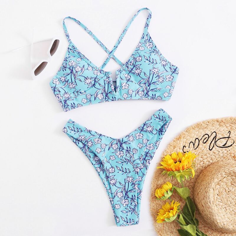 

Floral V-wired Bikini Swimsuit, Mint blue