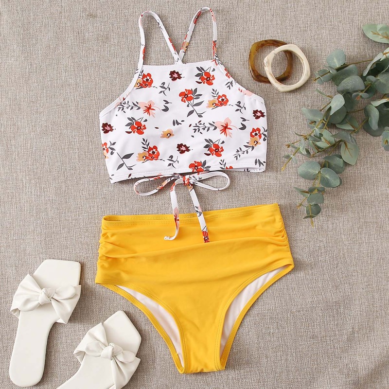 

Floral Ruched High Waisted Bikini Swimsuit, Multicolor