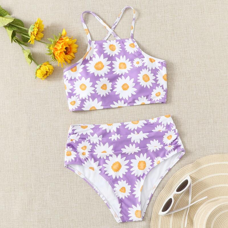 

Floral Ruched High Waisted Bikini Swimsuit, Lilac purple