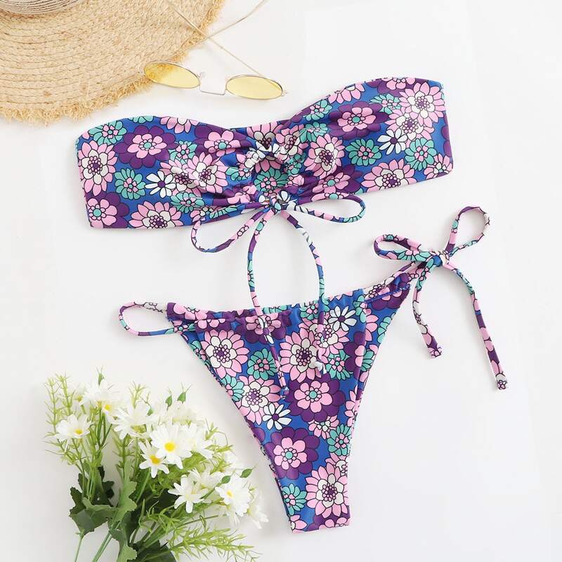 

Ring Bandeau Tie Thong Bikini Swimsuit, Multicolor