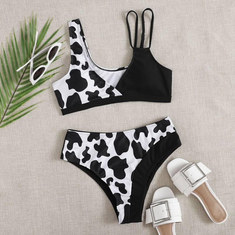 

Cow High Waisted Bikini Swimsuit, Black and white