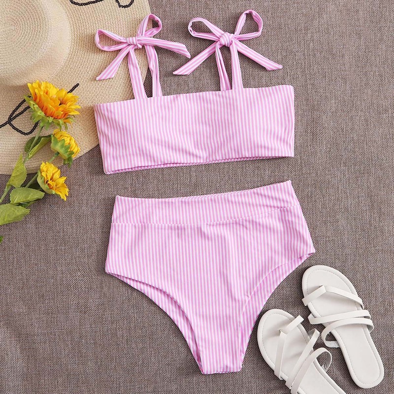 

Stripe Tie Strap Bikini Swimsuit, Pink