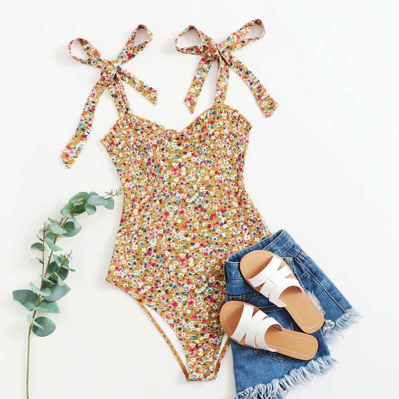 

Knot Strap Frill Trim Ditsy Floral Bodysuit, Multicolor