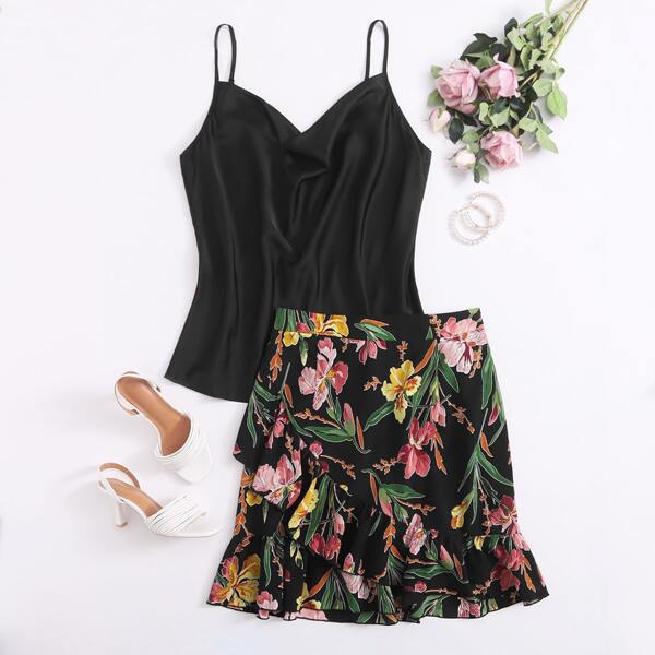 

Plus Draped Neck Cami Top & Ruffle Trim Floral Skirt Set, Multicolor