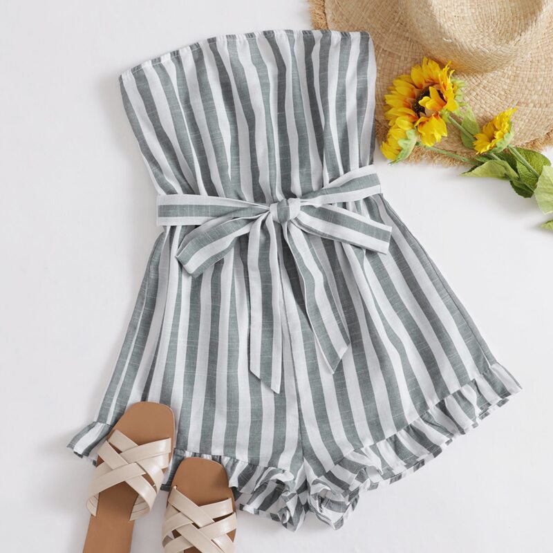 

Self Belted Ruffle Hem Striped Tube Romper, Multicolor