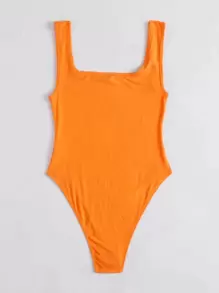 SHEIN EZwear Letter Graphic High Cut Bodysuit - Orange - View 2