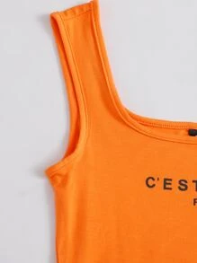 SHEIN EZwear Letter Graphic High Cut Bodysuit - Orange - View 5