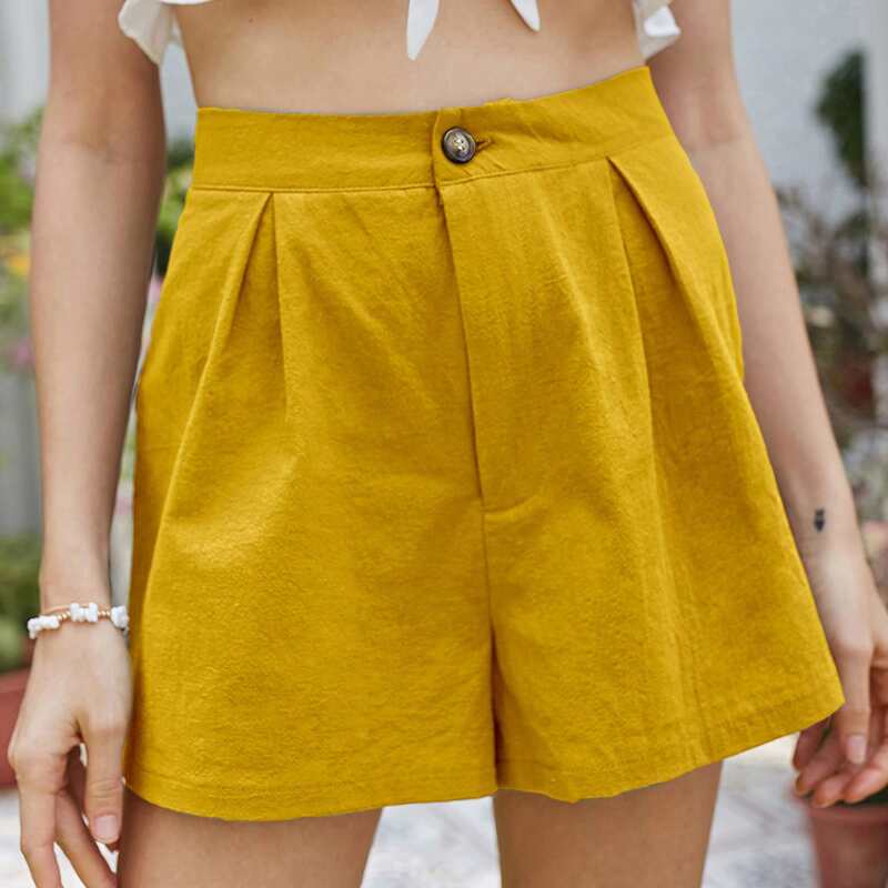 Button Fly Yellow Shorts, Mustard yellow