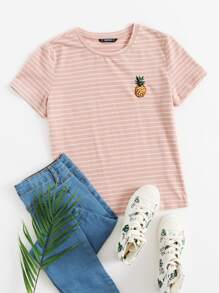 SHEIN EZwear Pineapple Embroidery Striped Top - Baby Pink - View 1