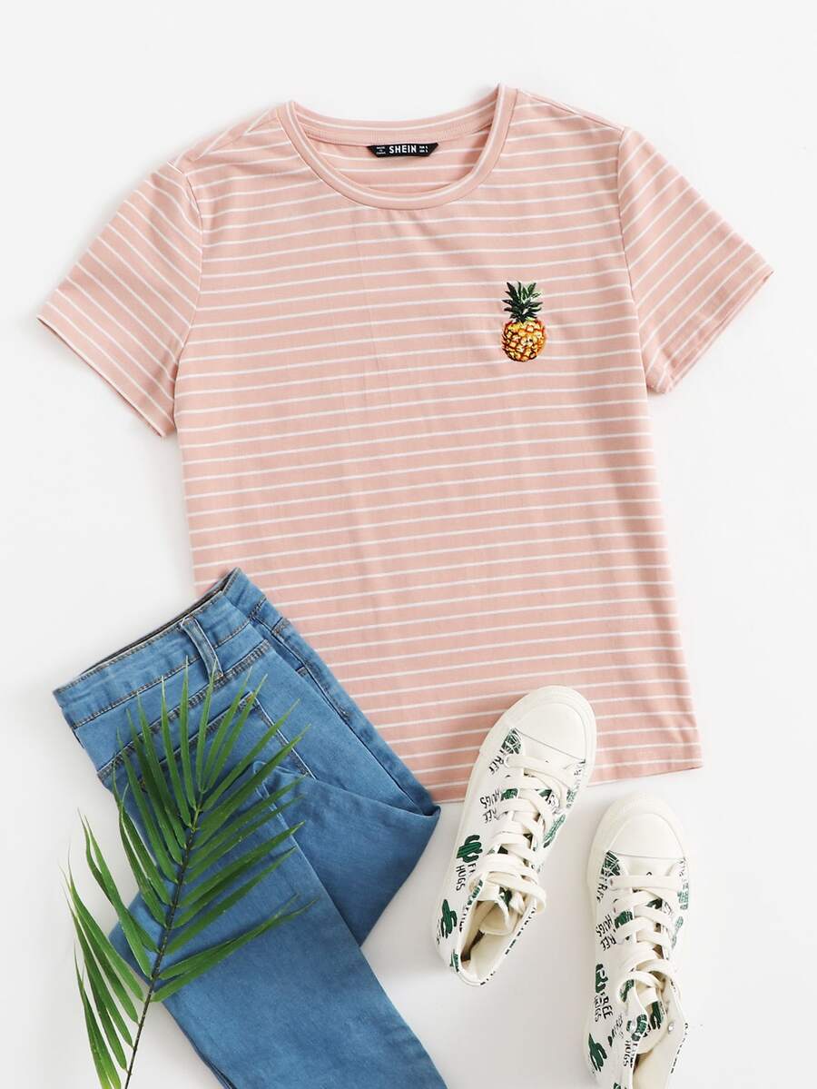SHEIN EZwear Pineapple Embroidery Striped Top - Baby Pink - View 1