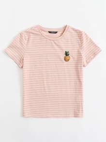 SHEIN EZwear Pineapple Embroidery Striped Top - Baby Pink - View 3