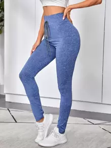 SHEIN EZwear 寬腰帶前結飾雜色緊身褲 - 藍色 - 查看 1