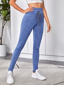 SHEIN EZwear 寬腰帶前結飾雜色緊身褲 - 藍色 - 查看 3