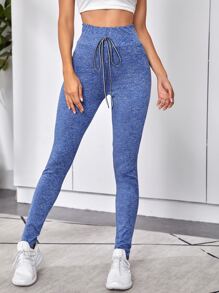 SHEIN EZwear 寬腰帶前結飾雜色緊身褲 - 藍色 - 查看 4