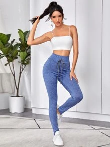 SHEIN EZwear 寬腰帶前結飾雜色緊身褲 - 藍色 - 查看 5