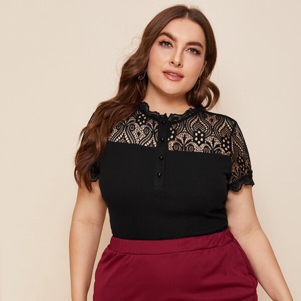 

Plus Lace Yoke Buttoned Front Top, Black