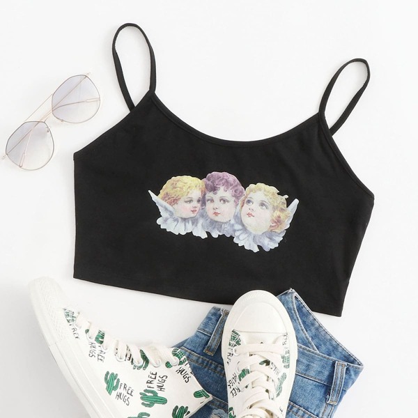 

Angel Print Crop Cami Top, Black