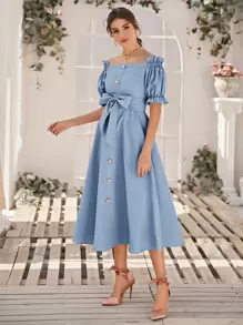 Seusyu Vestido con cinturón con botones ribete fruncido de hombros descubiertos - Neblina azul - Ver 3