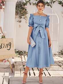 Seusyu Vestido con cinturón con botones ribete fruncido de hombros descubiertos - Neblina azul - Ver 5
