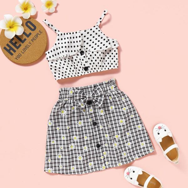 

Toddler Girls Polka Dot Cami Top & Daisy Floral Bow Skirt, Black and white